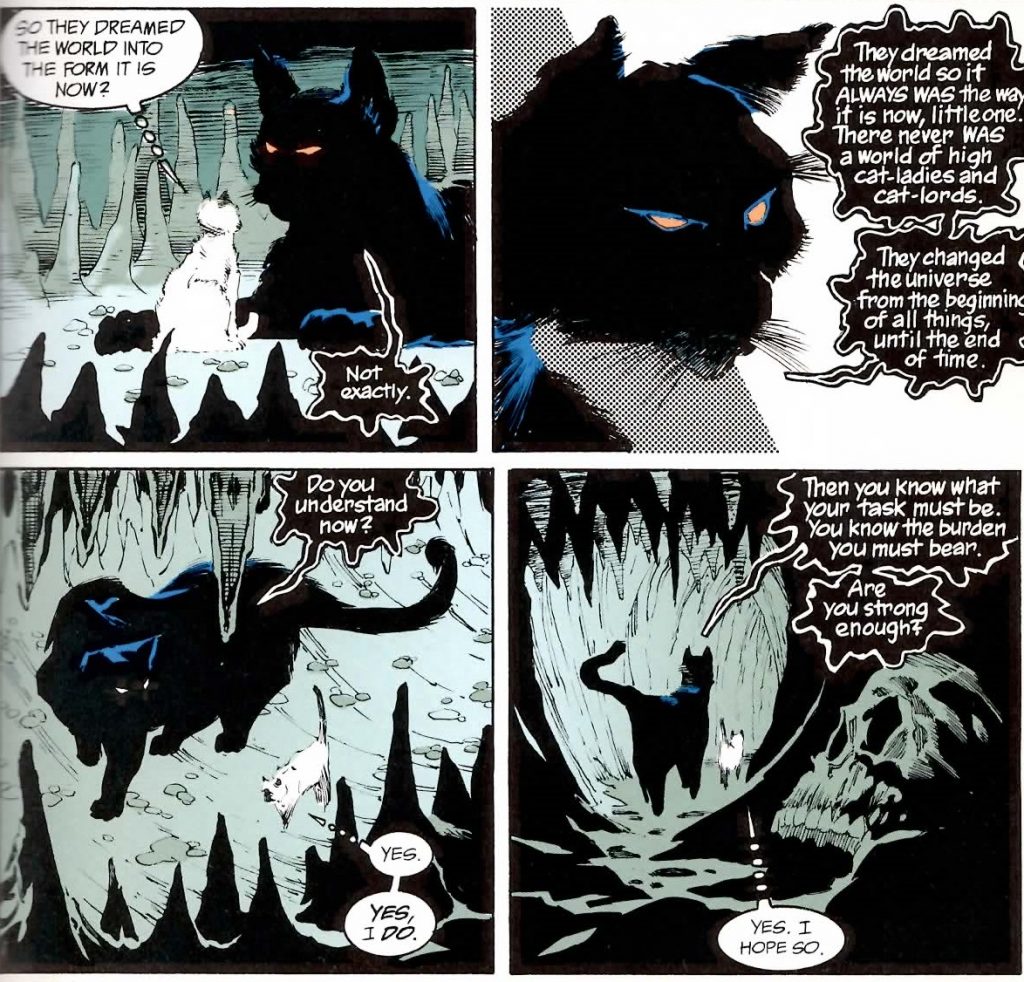 4 comic book panels from "Sandman." A large black cat tells a small white cat the secret to changing the world