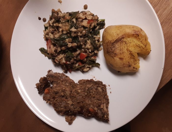 plate with potato, lentil loaf and rice pilaf