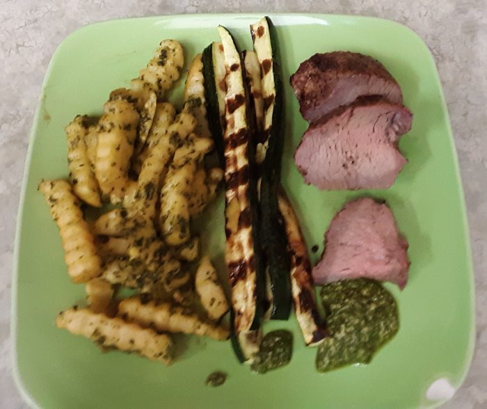 plate with tritip, zucchini, and pesto fries