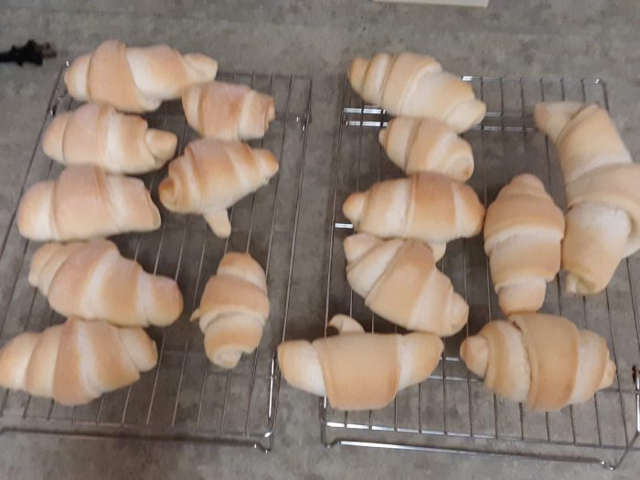 two cooling racks covered in crescent rolls