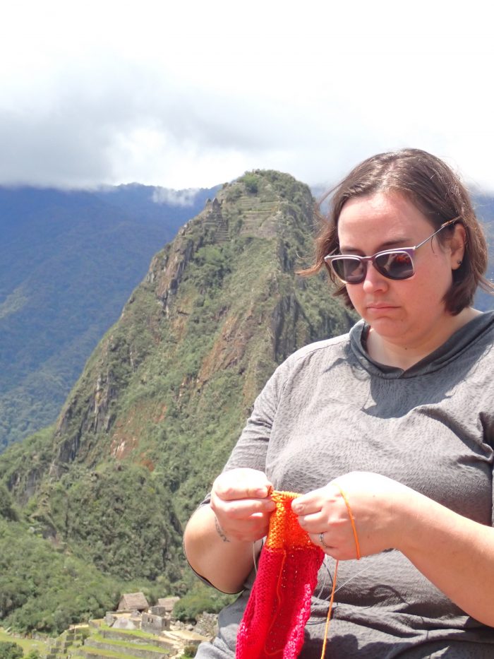 me knitting in front of Machu Picchu