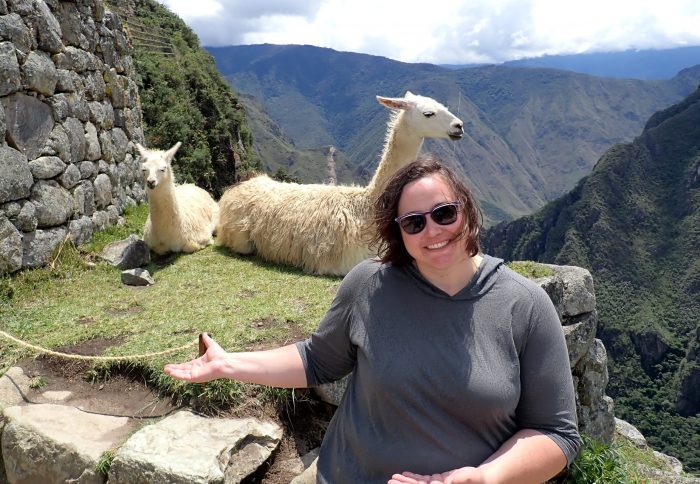 me seated in front of two llamas