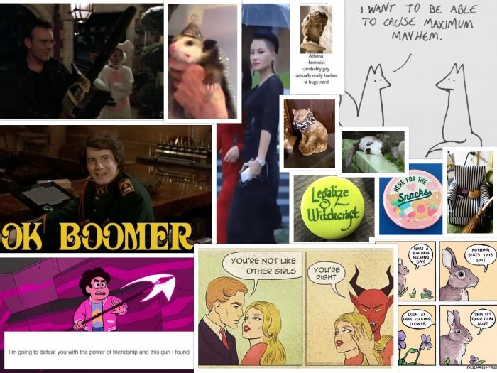 collage of pictures representing my mood for 202, including "okay, boomer," "legalize witchcraft," Giles (of Buffy the Vampire Slayer) with a chainsaw, and a possum wearing a foil hat.