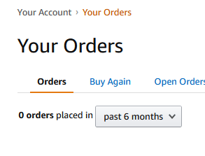 a screenshot of my amazon "your orders" page showing 0 orders placed in the last 6 months