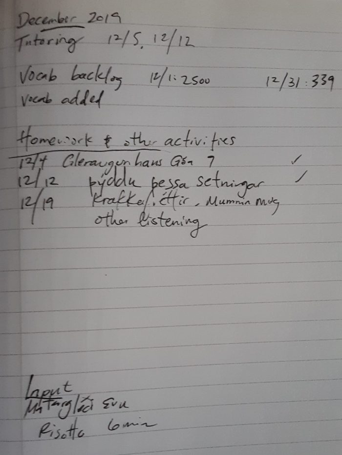 a page of my notebook tracking what studying I did in Icelandic in December