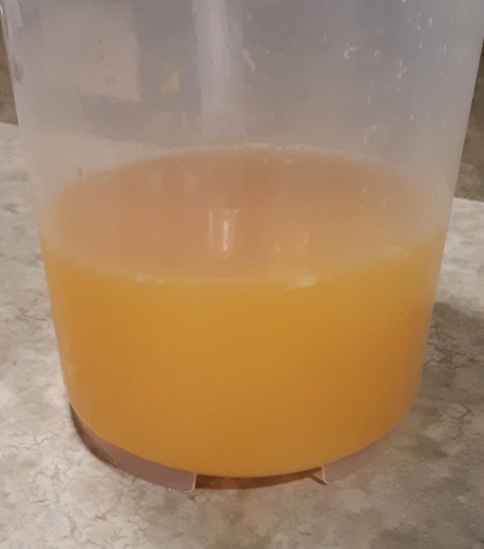 a plastic pitcher holding about a quart of orange juice