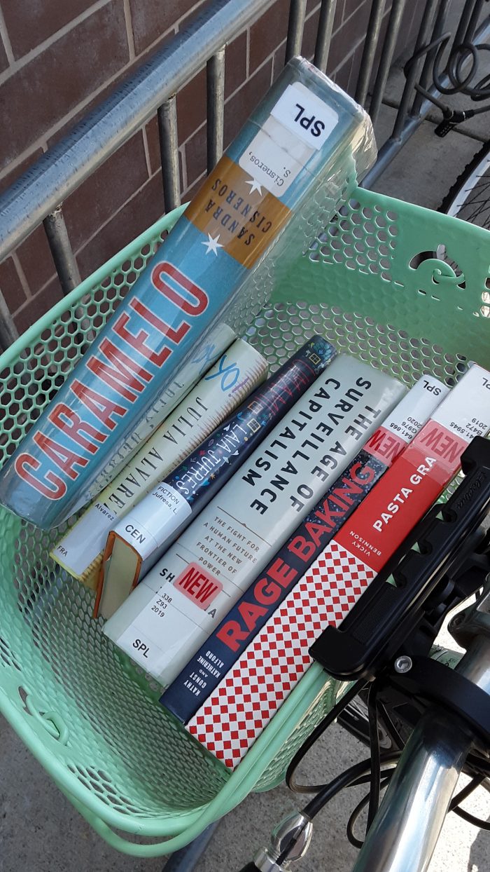 bike basket stuffed with books