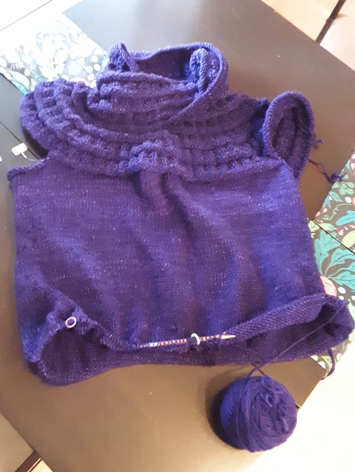 nearly shirt-length knit tunic in purple yarn