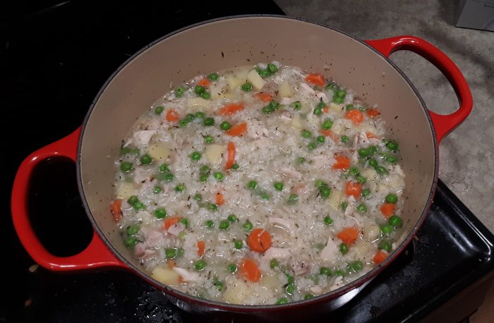 large pot of chicken and rice soup