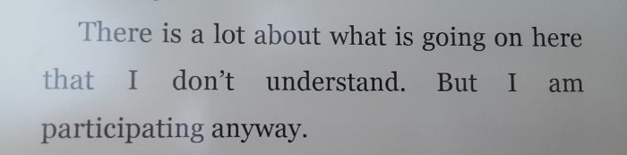 photo of ebook text "There is a lot about what is going on here that I dont understand. But I am participating anyway."