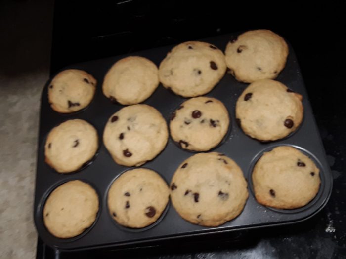 a pan of chocolate chip muffins