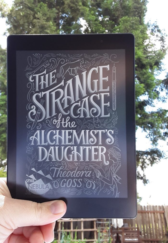 book cover "The Strange Case of the Alchemists Daughter" shown on kobo ereader