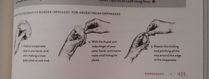 picture of a cookbook showing three steps to crimp the edge of an empanada