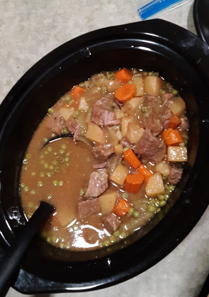 crockpot filled with beef stew