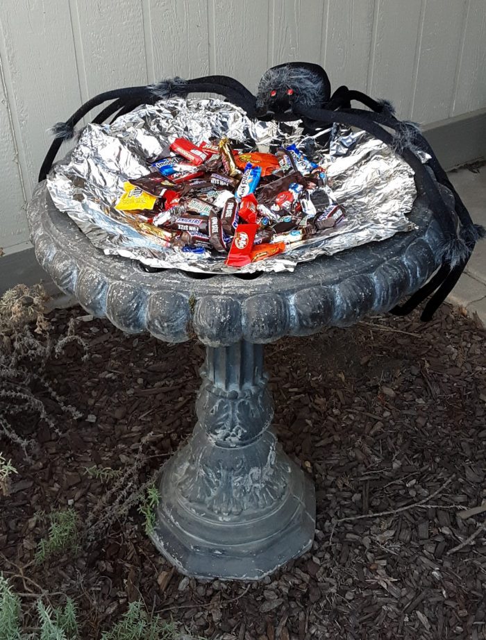 a foil-lined bird bath filled with halloween candy. A large, fake spider is percehed on one side