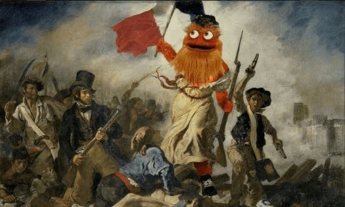 a painting depicting the French revolution with the woman in the center replaced by Philidelphia mascot Gritty