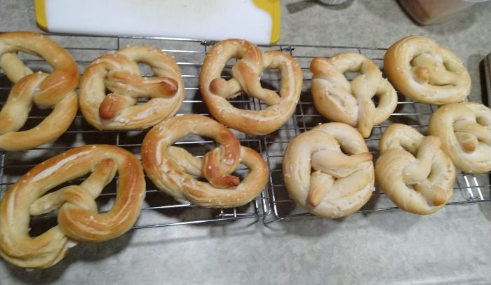 homemade pretzels cooling on a wire rack