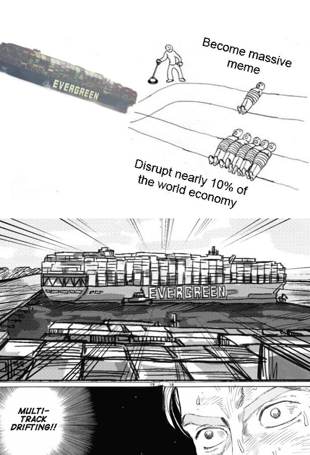 three panels in the style of a manga. Top panel shows an illustration of the "trolley problem" where the trolley is replaced by the cargo ship and the two tracks are labeled "become massive meme" and "disrupt nearly 10% of the world economy." The second panel shows a stylized drawing of the ship. The third shows a close-up of a person's face, sweating and the text "multi-track drifting!!"