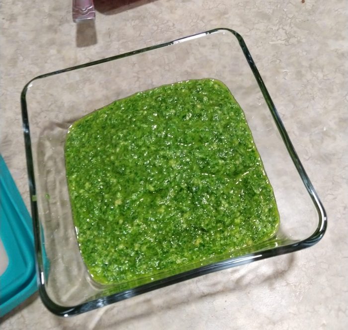 a regtangular, glass dish half-full with bright-green spinach pesto