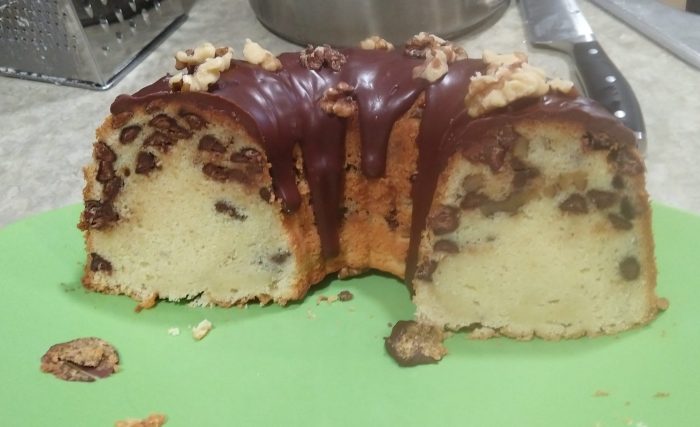 cross-section of a bundt cake in which all the nuts and chocolate chips sank to the bottom (or rather, the top since I flip the cake upsidedown to get it out of the pan)
