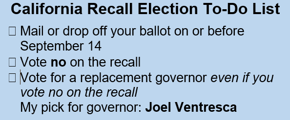 black text on light-blue background reads: California Recall Election To-Do List: 1 Mail or drop off your ballot on or before September 14. 2 Vote no on the recall. 3 Vote for a replacement governor even if you vote no on the recall. My pick for governor: Joel Ventresca