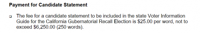 Text from a PDF reads "Payment for candidate statement: The fee for a candidate statement to be included in the state Voter Information Guide for the California Gubernatorial Recall Election is $25.00 per word, not to exceed $6,250.00 (250 words).