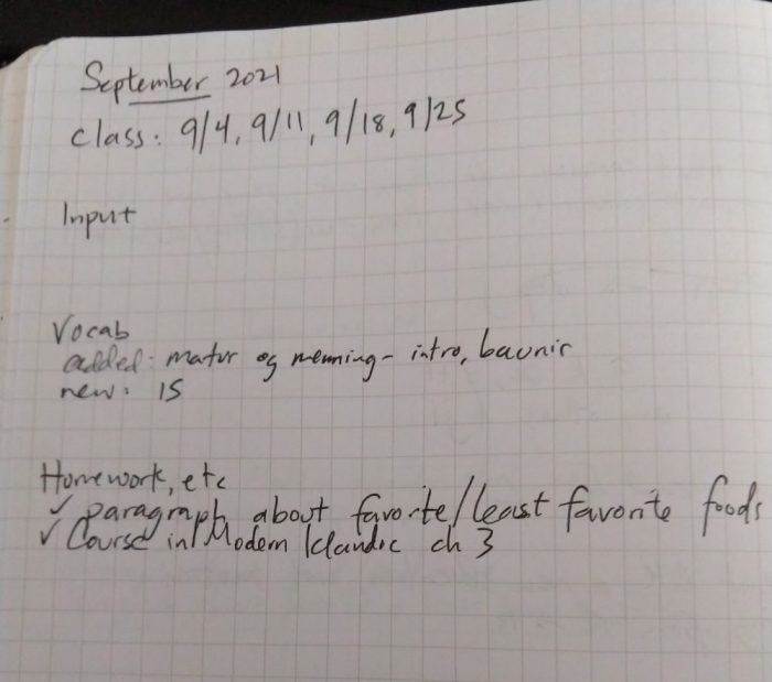 notebook listing what I worked on for Icelandic in september, including class dates, homework, and input