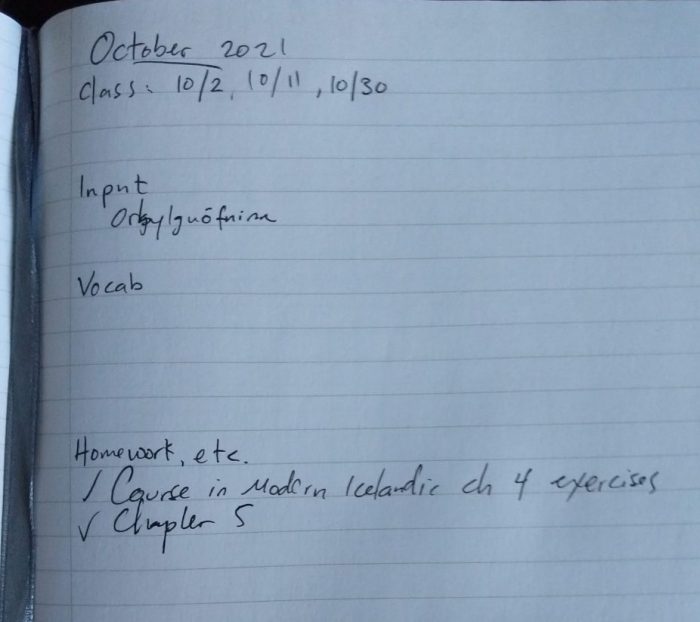 A notebook page recording October's sparse efforts in learning Icelandic