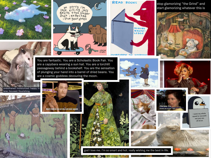 a collage of images representing my mood for the year, there are relaxed capybaras and capybaras doing revolution, a cat in a hammock, a comic about killing jeff bezos, and an opossum drinking ice water, among others