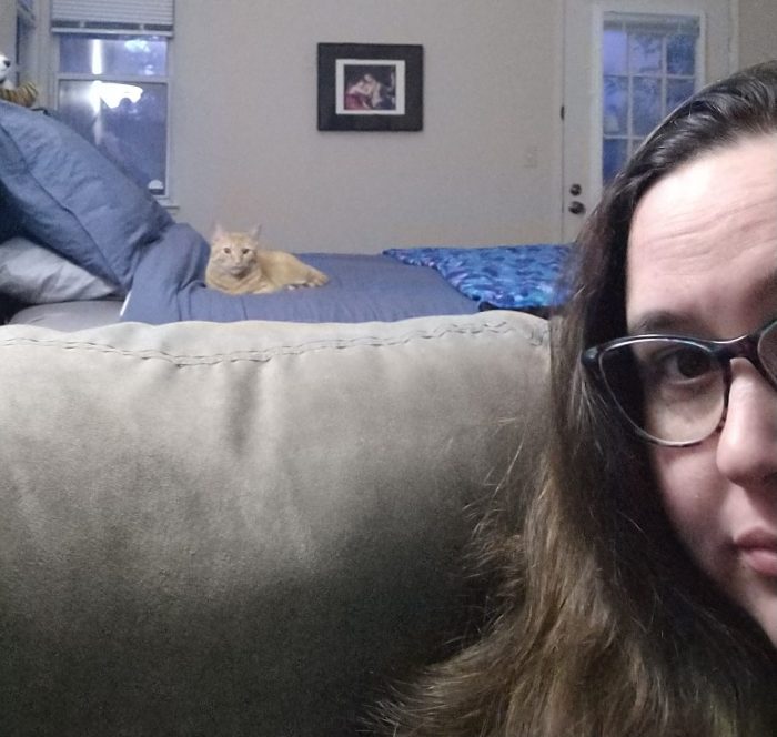 in the foreground, me on a sofa, you can see half of my face. In the background: my bed wit hFritz the cat sitting on it, starting right at the camera