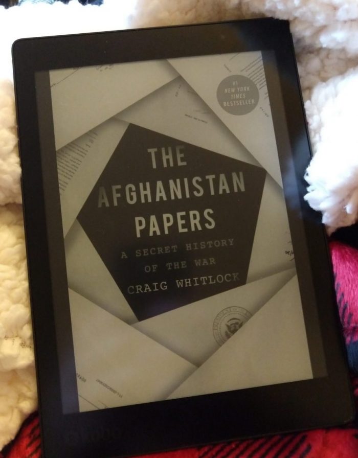 cover for the book "The Afhganistan Papers" shown in greyscale on a kobo ereader
