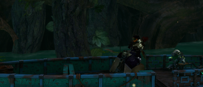 a screenshot from the video game Guild Wars 2. There are two characters i na boat. On is a tall woman sitting with her legs crossed.