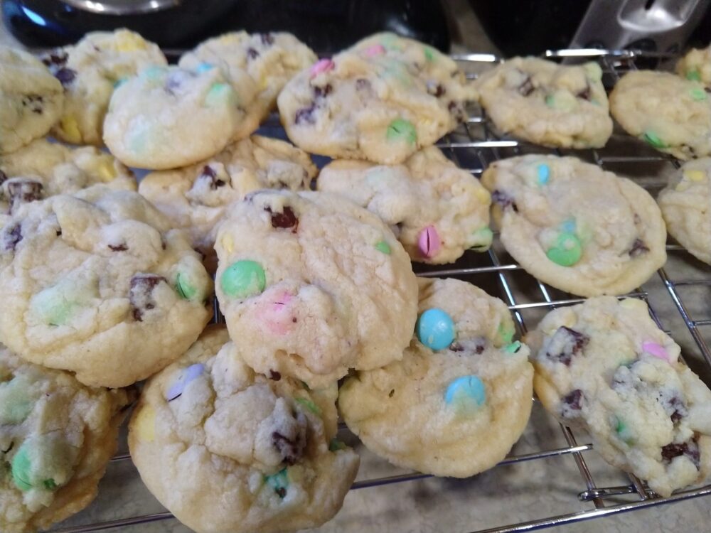cookies with chocolate chunks and pastel-colored M&Ms