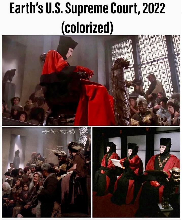 Caption is "Earth's U.S. Supreme Court, 2022 (colorized)." Images are from Star Trek: The Next Generation in which Q shows how shitty humanity was in the 21st century and holds a trial