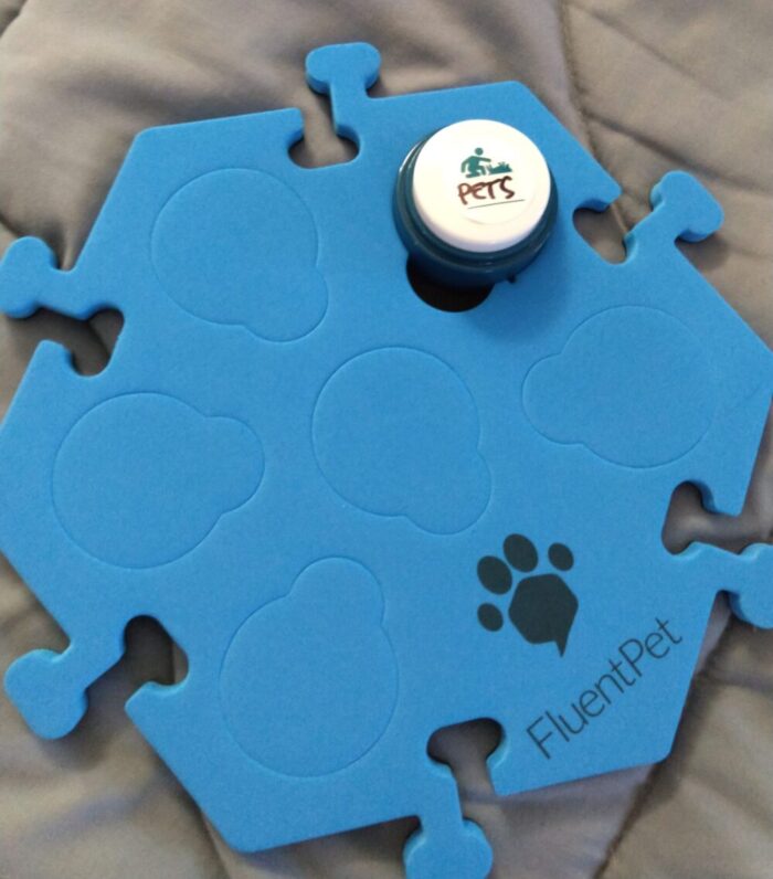 a blue, foam hexagon with a button in it that says "pets"