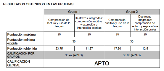 a rubric showing the results of the DELE exam broken down by category and the overall score of "APTO" (passed)