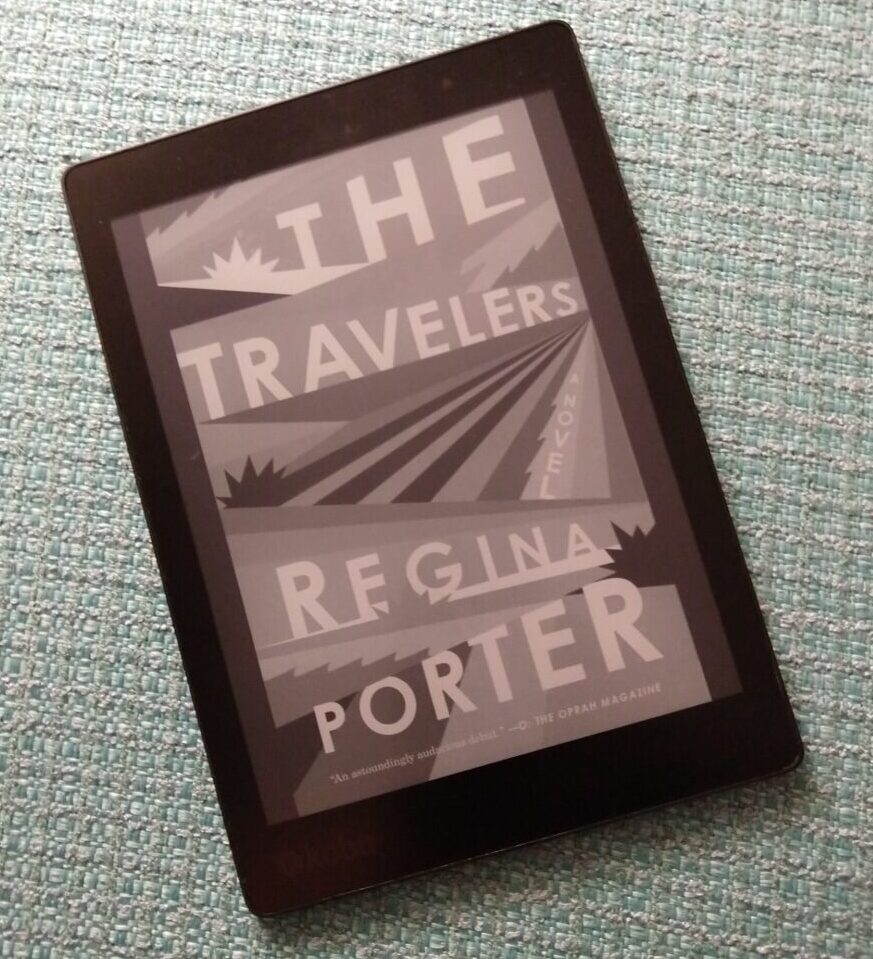 Cover for The Travelers by Regina Porter shown in greyscale on kobo ereader.