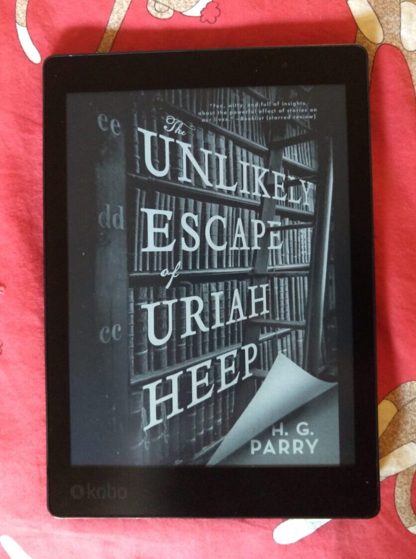 cover for The Unlikely Escape of Uriah Heep shown in greyscale on kobo ereader