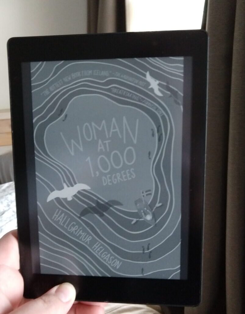 book cover for Woman at 1,000 Degrees shown in greyscale on kobo ereader