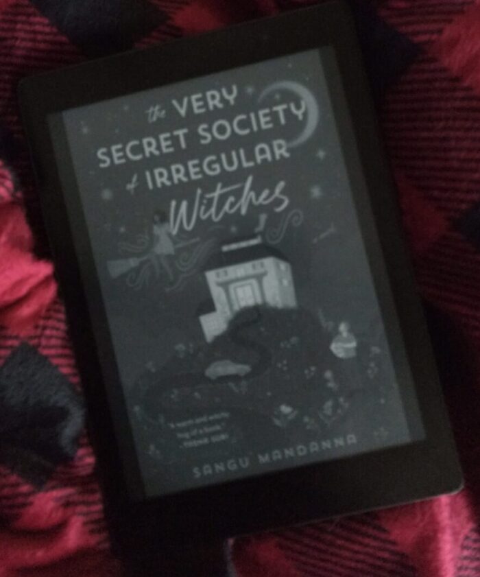 book cover for The Very Secret Society of Irregular Witches shown in greyscale on kobo ereader