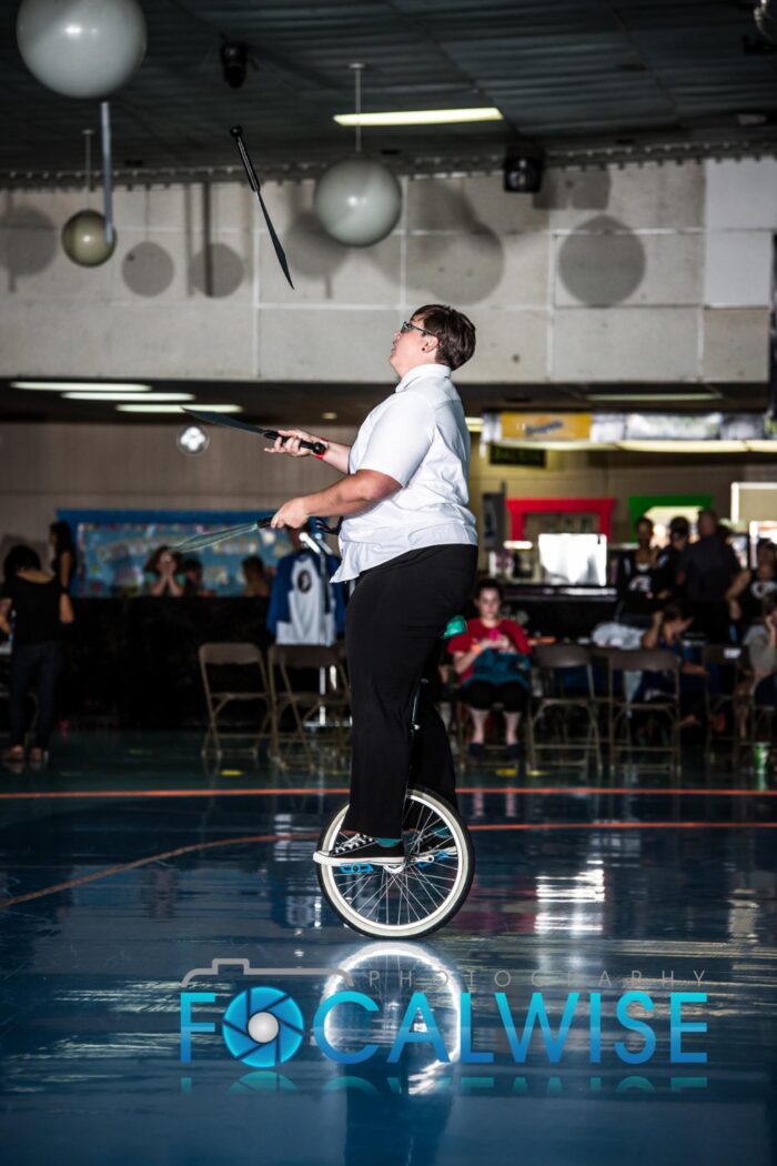 me, on a unicycle, juggling knives in a roller rink