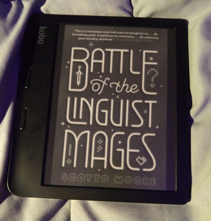 cover for Battle of the Linguist Mages shown in greyscale on kobo ereader
