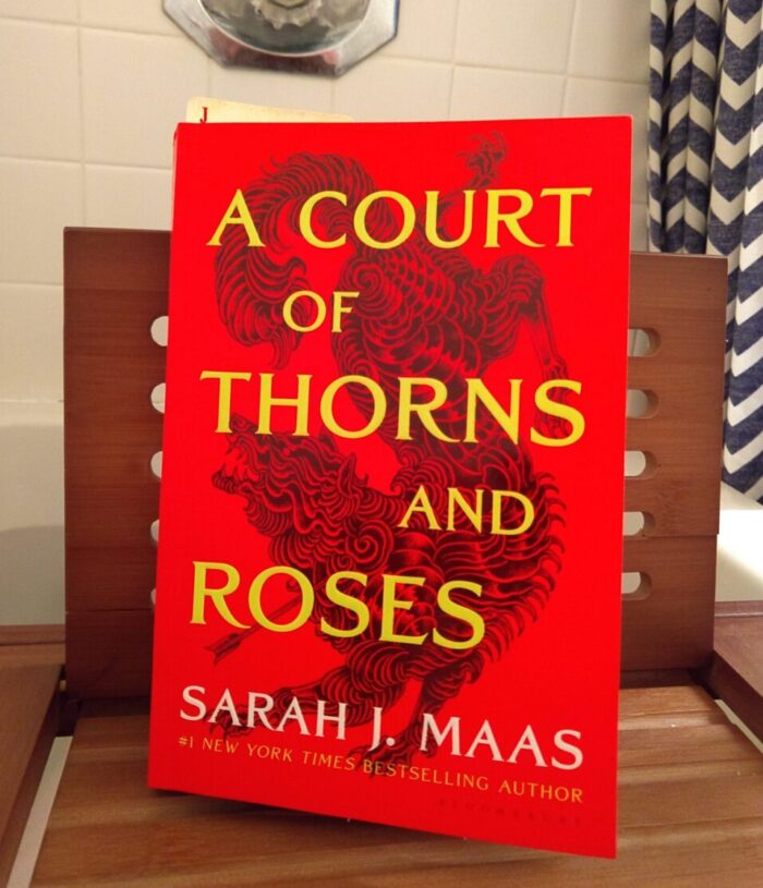 book: A Court of Thorns and Roses. The book is standing on a bath tray