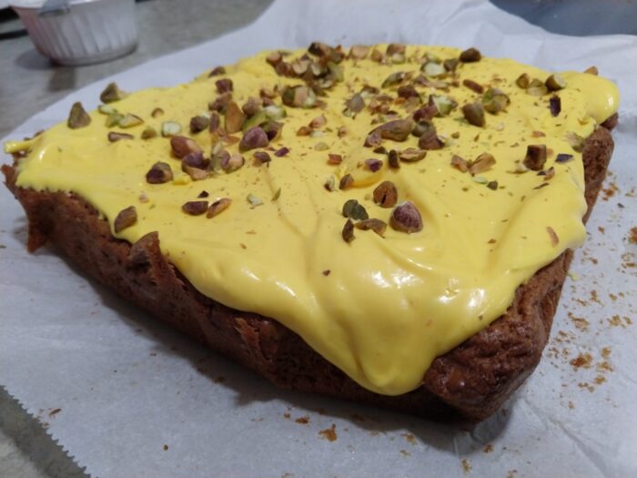 pistachio and cardamom blondies with saffron cream cheese icing. The icing ended up an unfortunate mustard-yellow color. This should have been the first red flag.