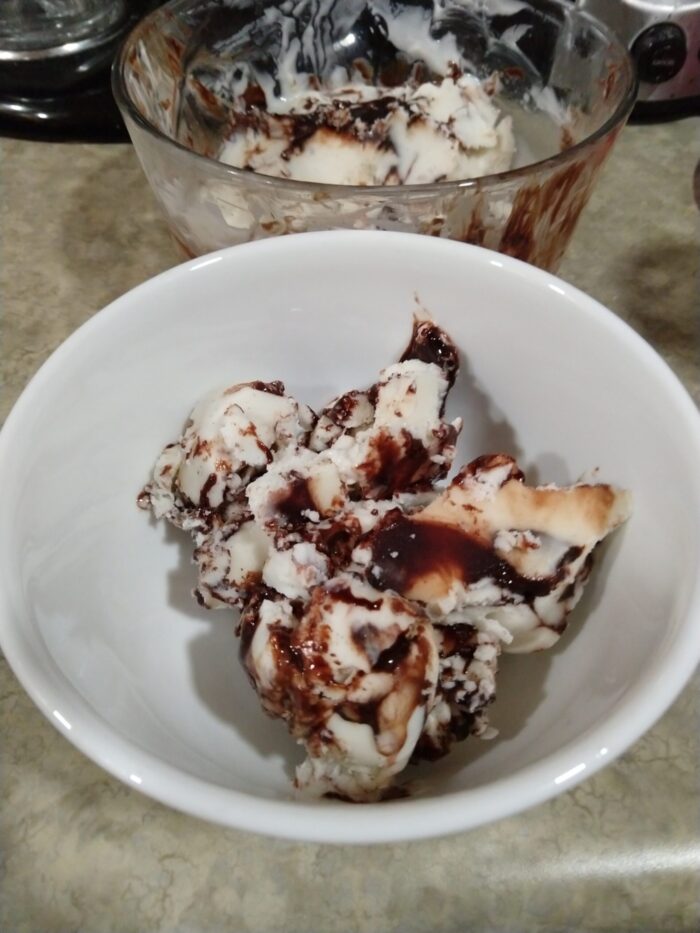 a bowl of frozen yogurt laced with a chocolate sauce. It's served in unattractive chunks rather than nice little scoops