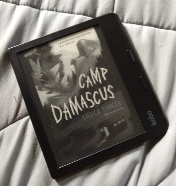 book cover for Camp Damascus shown in greyscale on kobo ereader