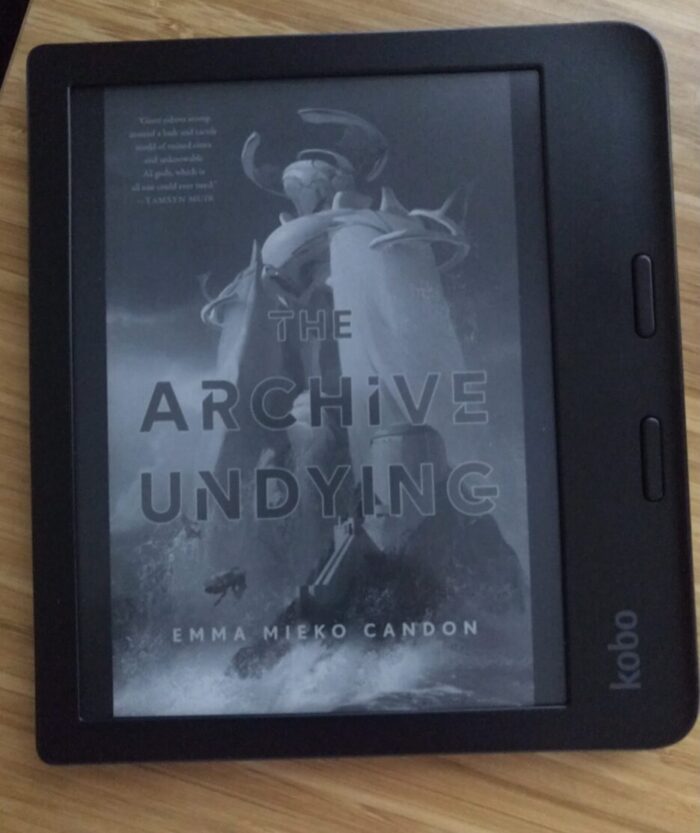 book cover for The Archive Undying shown in greyscale on kobo ereader