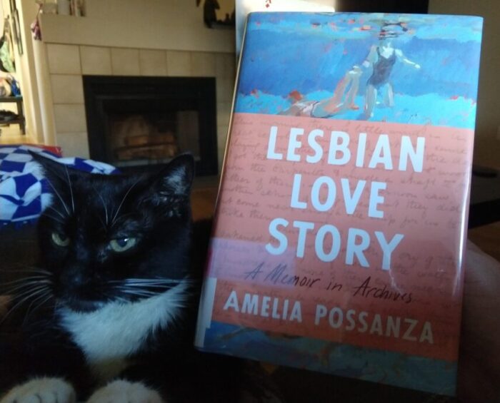 hardcover book: Lesbian Love Story. Huey the cat is next to the book looking deeply unimpressed