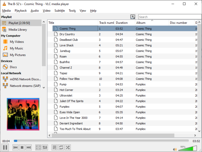 screenshot of VLC media player with a playlist of B-52s albums