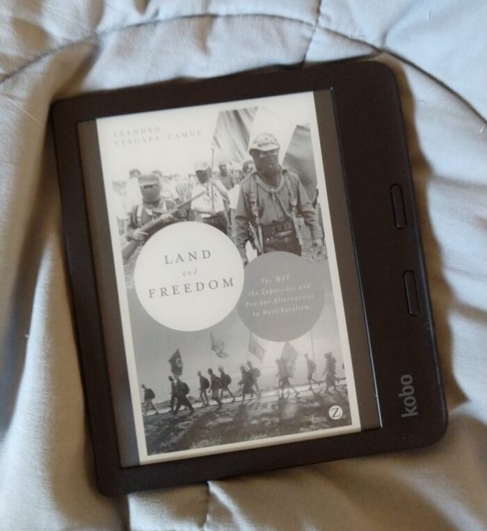 book cover for "Land and Freedom" shown in greyscale on Kobo ereader